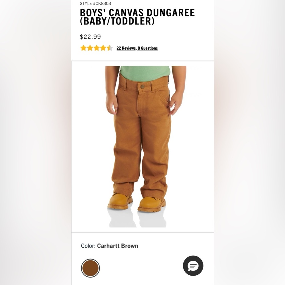 Carhartt Boys' Canvas Dungaree Pants in
Carhartt Brown size 3T